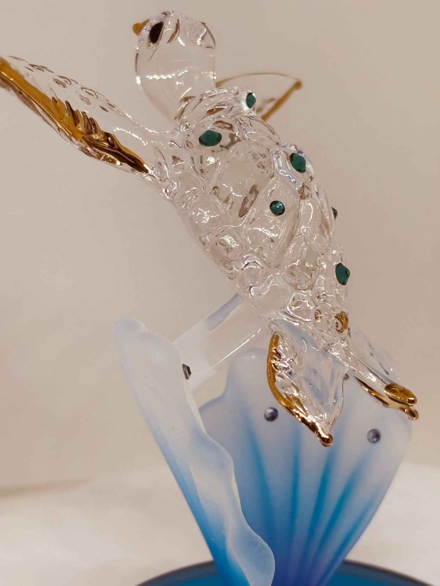 Sea Turtle on Blue Coral Handcrafted Glass Figurine with Crystals & Gold
