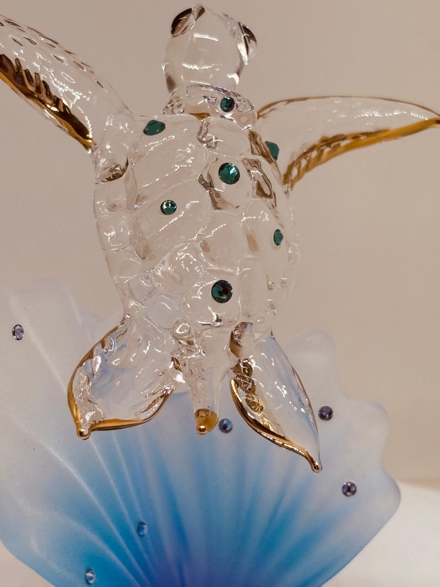 Sea Turtle on Blue Coral Handcrafted Glass Figurine with Crystals & Gold