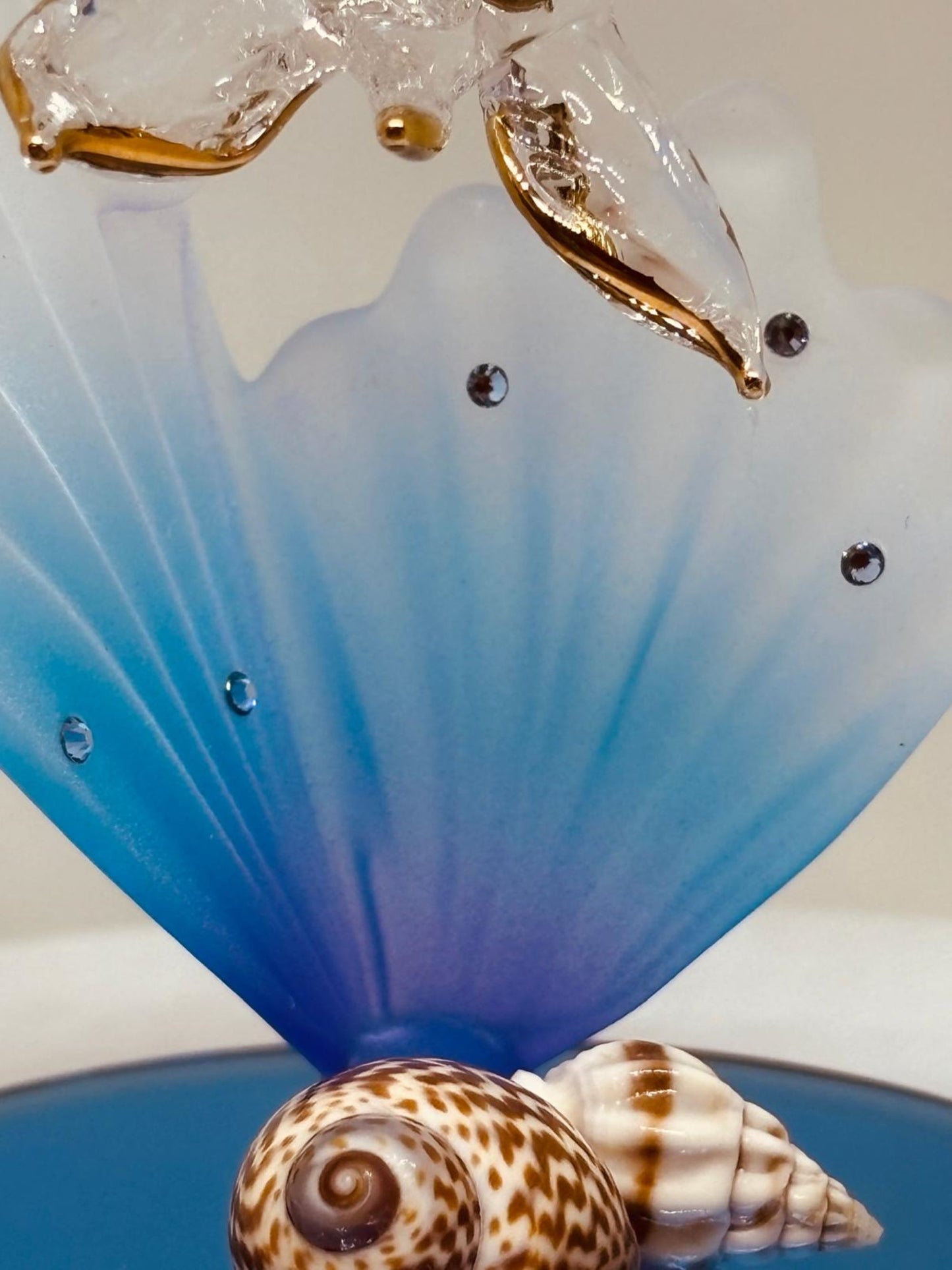 Sea Turtle on Blue Coral Handcrafted Glass Figurine with Crystals & Gold