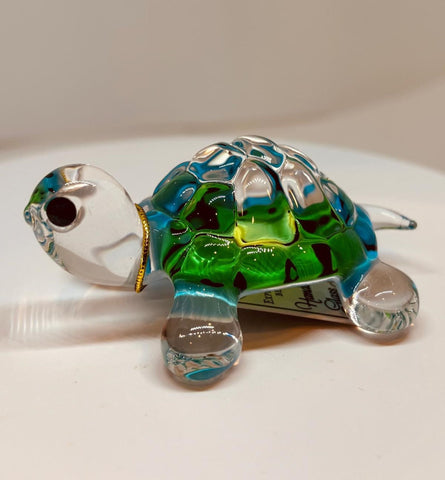 Caribbean Blue Glass Turtle Figurine with Crystal Eyes Ocean Sea Life Décor