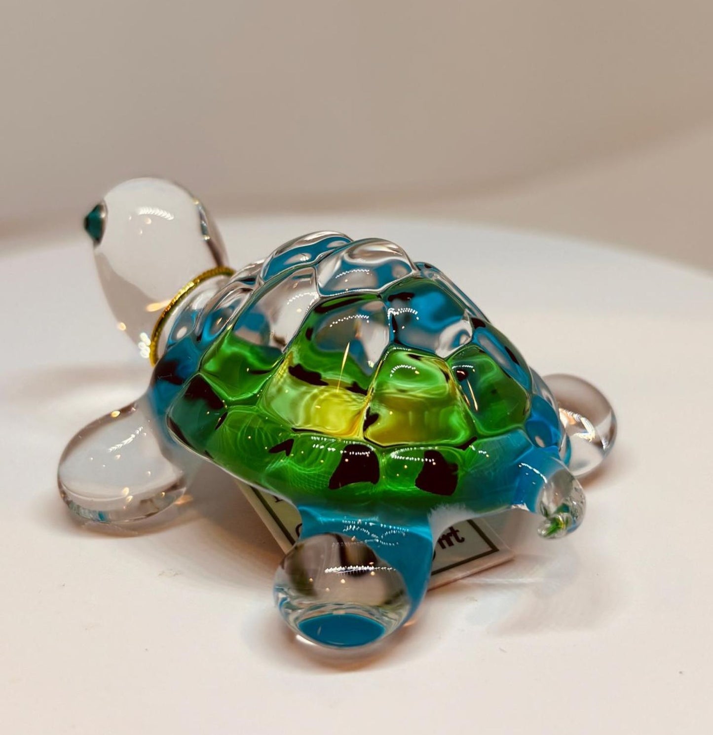 Caribbean Blue Glass Turtle Figurine with Crystal Eyes Ocean Sea Life Décor