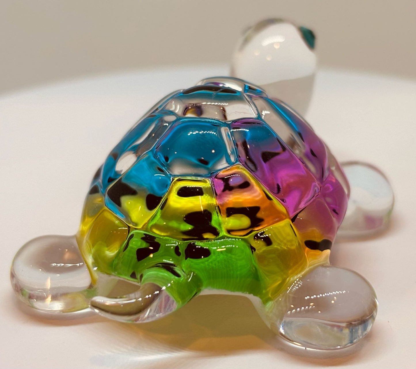 Snow Cone Turtle Figurine Handcrafted Glass Collectible with Blue Crystal Eyes