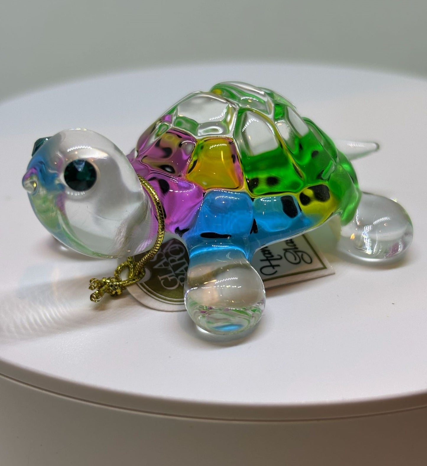 Snow Cone Turtle Figurine Handcrafted Glass Collectible with Blue Crystal Eyes