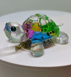 Snow Cone Turtle Figurine Handcrafted Glass Collectible with Blue Crystal Eyes