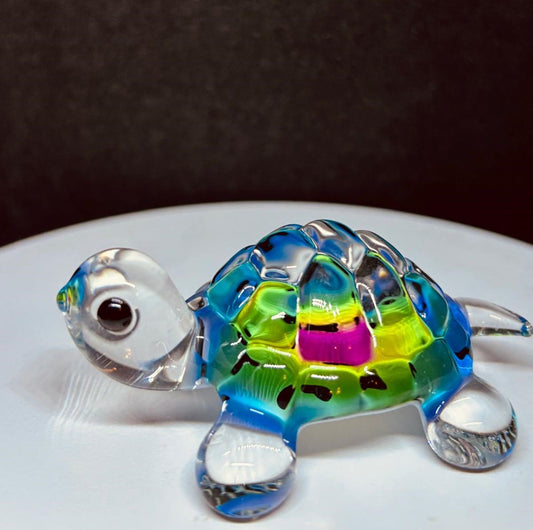 Tie-Dye Turtle Figurine Handcrafted Glass Art with Green Crystal Eyes