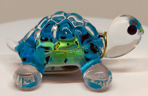 Bright Blue Turtle Figurine Handcrafted Glass Art with Blue Crystal Eyes