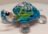 Bright Blue Turtle Figurine Handcrafted Glass Art with Blue Crystal Eyes