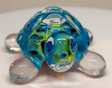 Bright Blue Turtle Figurine Handcrafted Glass Art with Blue Crystal Eyes