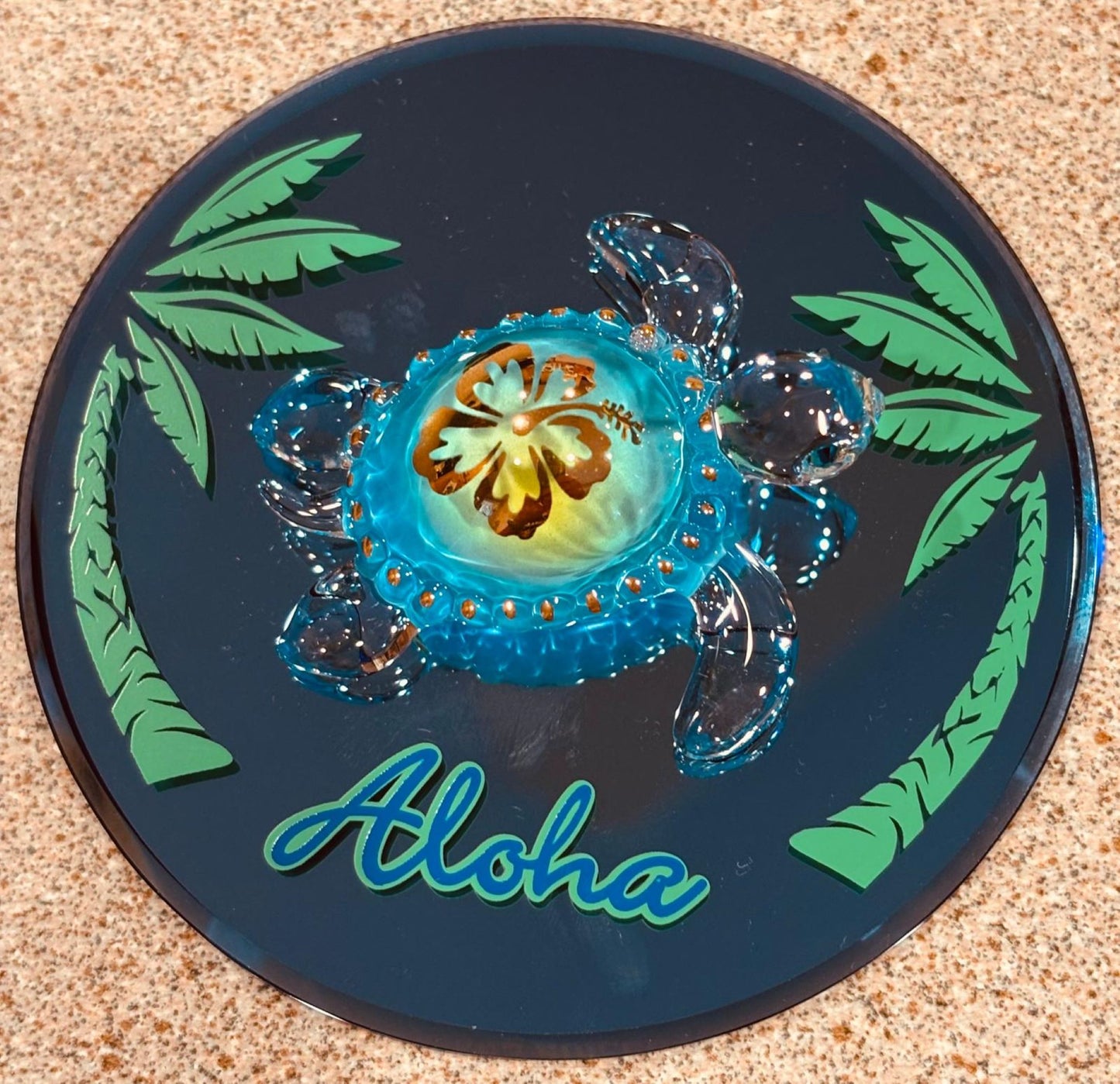 Sea Turtle Aloha Figurine with Crystals on Glass Mirror Coastal Decor