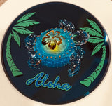 Sea Turtle Aloha Figurine with Crystals on Glass Mirror Coastal Decor