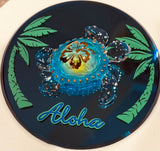 Sea Turtle Aloha Figurine with Crystals on Glass Mirror Coastal Decor