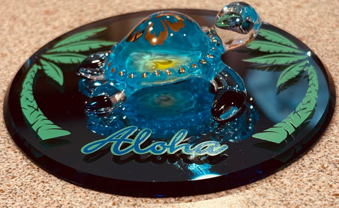Sea Turtle Aloha Figurine with Crystals on Glass Mirror Coastal Decor