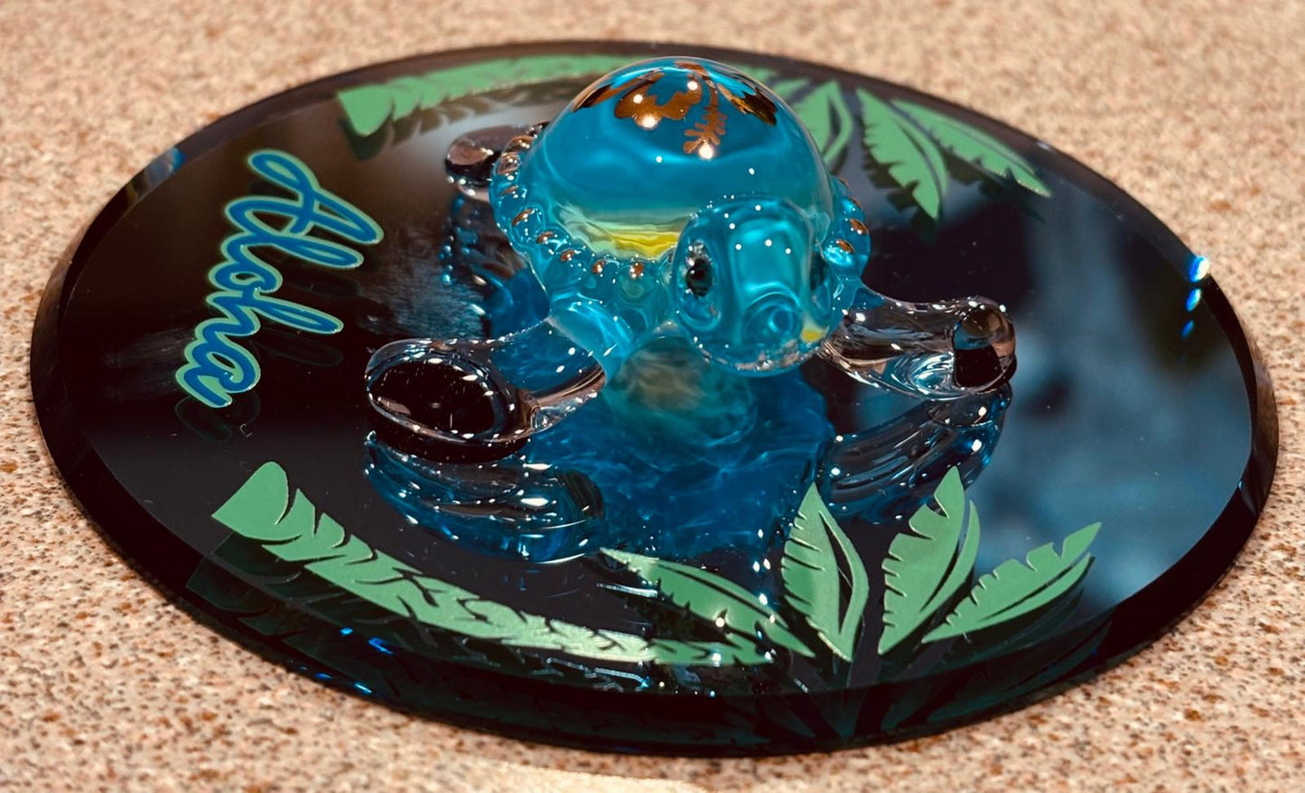 Sea Turtle Aloha Figurine with Crystals on Glass Mirror Coastal Decor