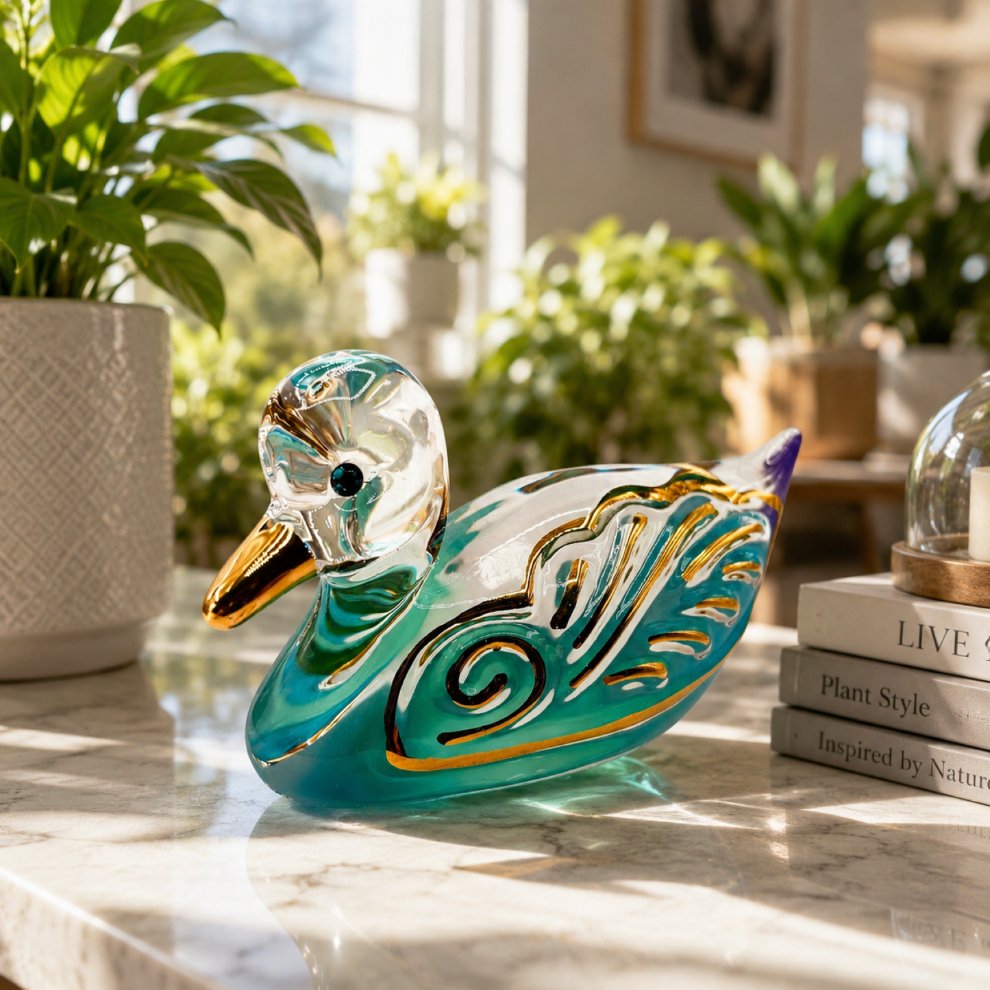 Handcrafted teal, blue, and purple glass duck figurine accented with genuine crystals and real 22Kt gold details.