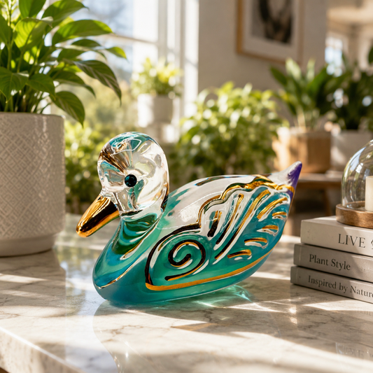 Handcrafted teal, blue, and purple glass duck figurine accented with genuine crystals and real 22Kt gold details.