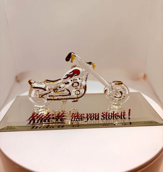Ride It! Glass Motorcycle Figurine Chopper with Gold & Crystals