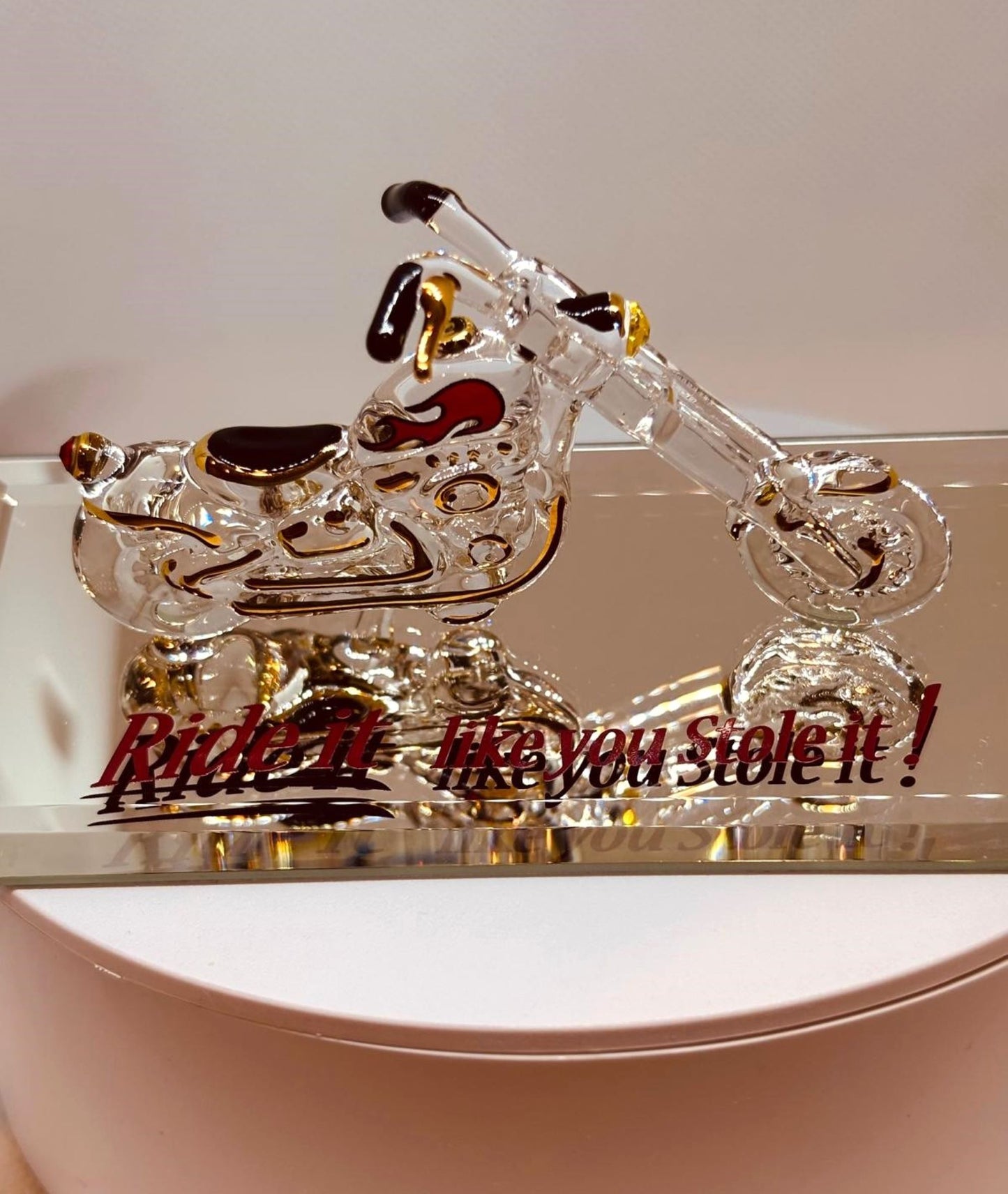 Ride It! Glass Motorcycle Figurine Chopper with Gold & Crystals
