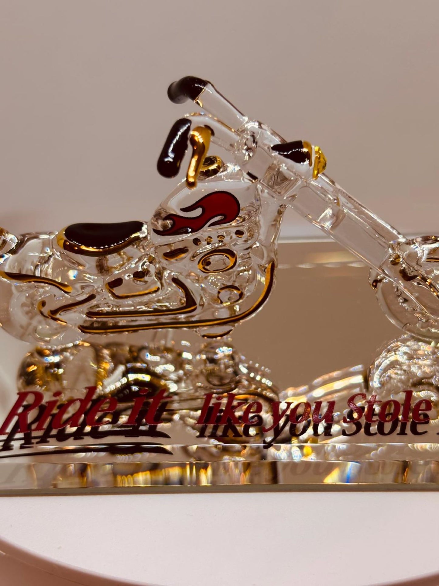 Ride It! Glass Motorcycle Figurine Chopper with Gold & Crystals