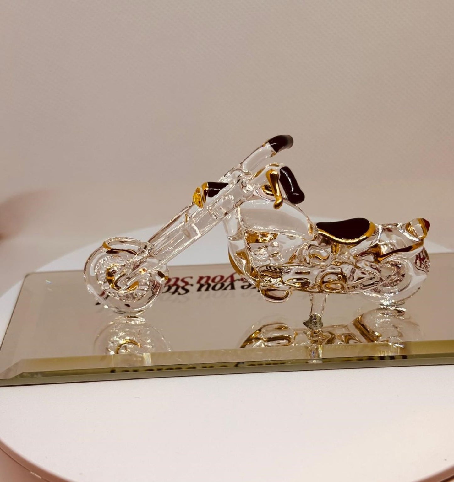 Ride It! Glass Motorcycle Figurine Chopper with Gold & Crystals