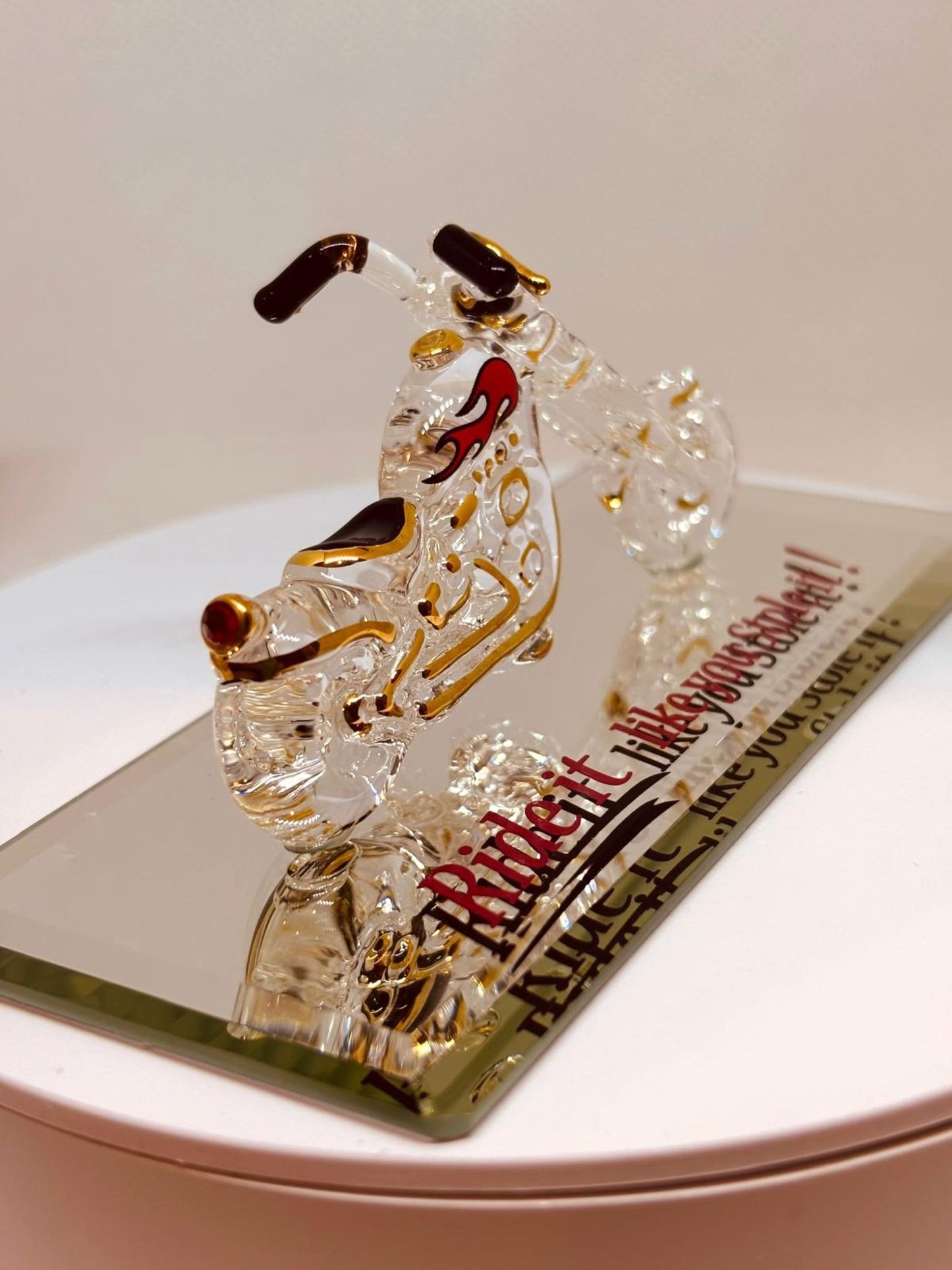 Ride It! Glass Motorcycle Figurine Chopper with Gold & Crystals