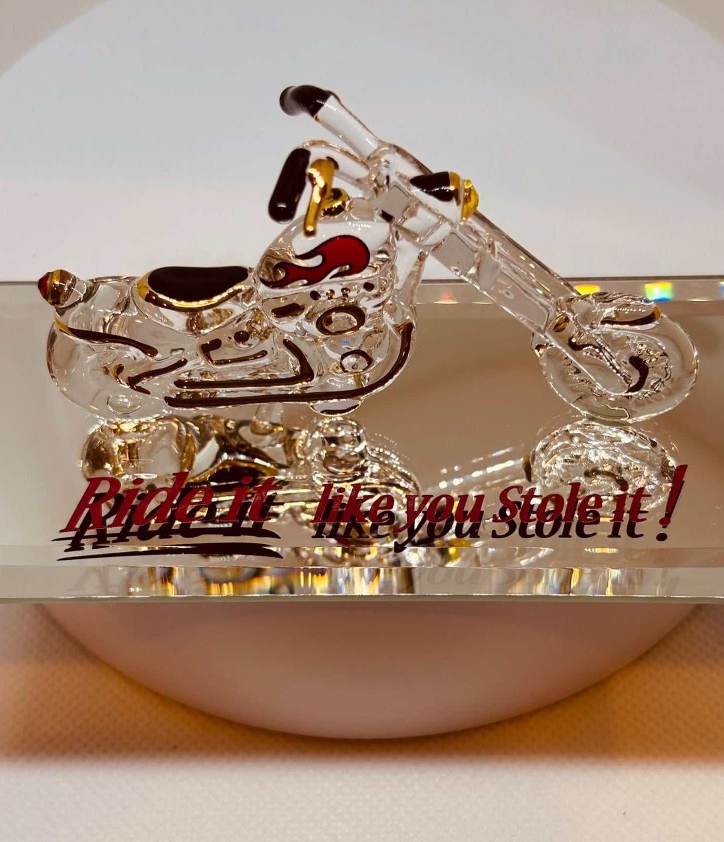 Ride It! Glass Motorcycle Figurine Chopper with Gold & Crystals