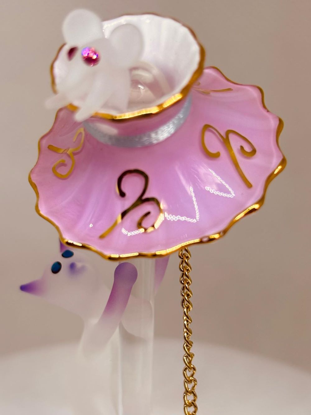 Glass Cat Figurine with Pink Lamp Handcrafted Gift for Cat Lovers