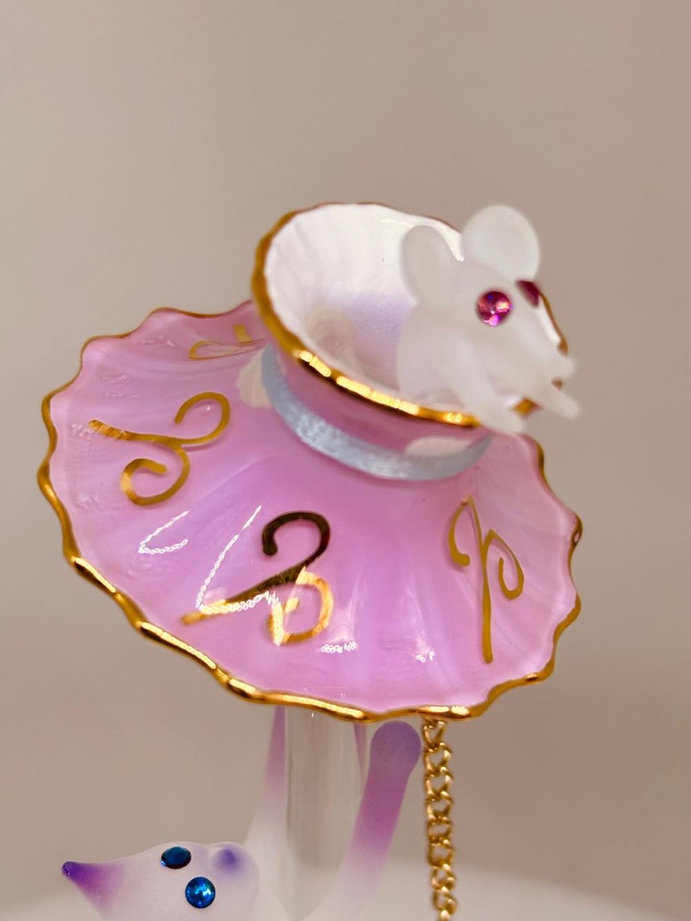 Glass Cat Figurine with Pink Lamp Handcrafted Gift for Cat Lovers