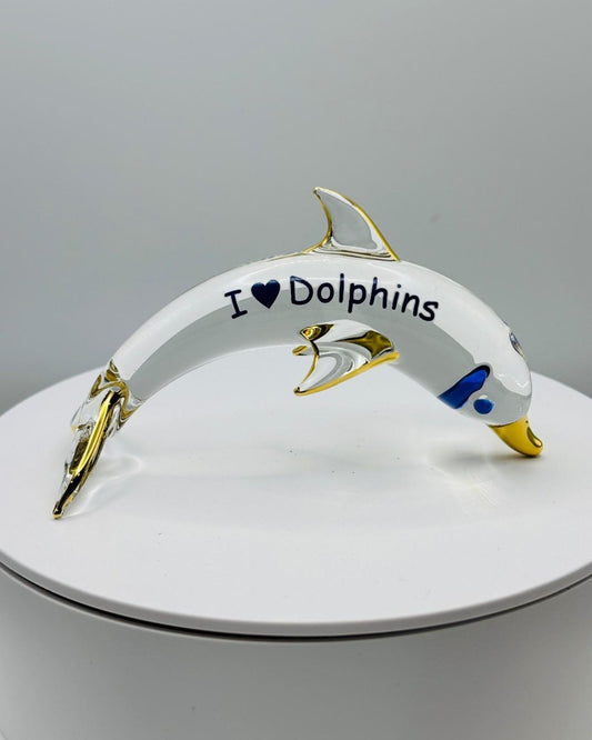 Glass dolphin figurine with I Love Dolphins message ocean themed decor