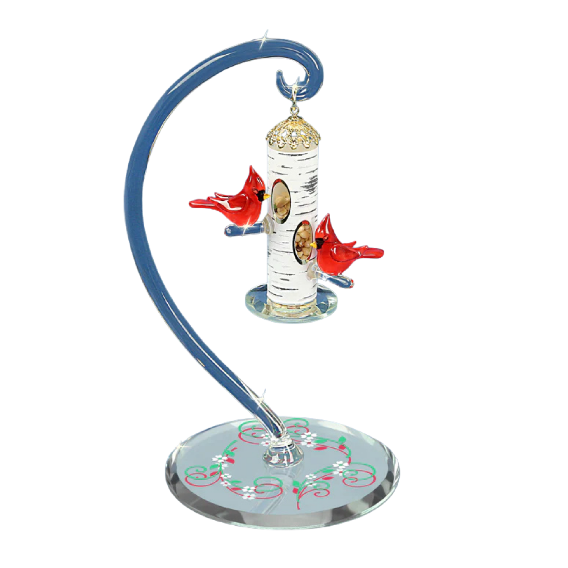 Handcrafted glass cardinal bird feeder figurine with two red cardinals on mirror base