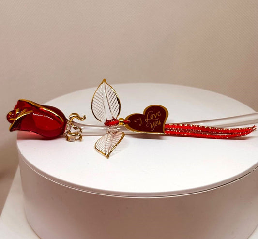 Mini handcrafted glass red rose with gold accents and I Love You heart tag