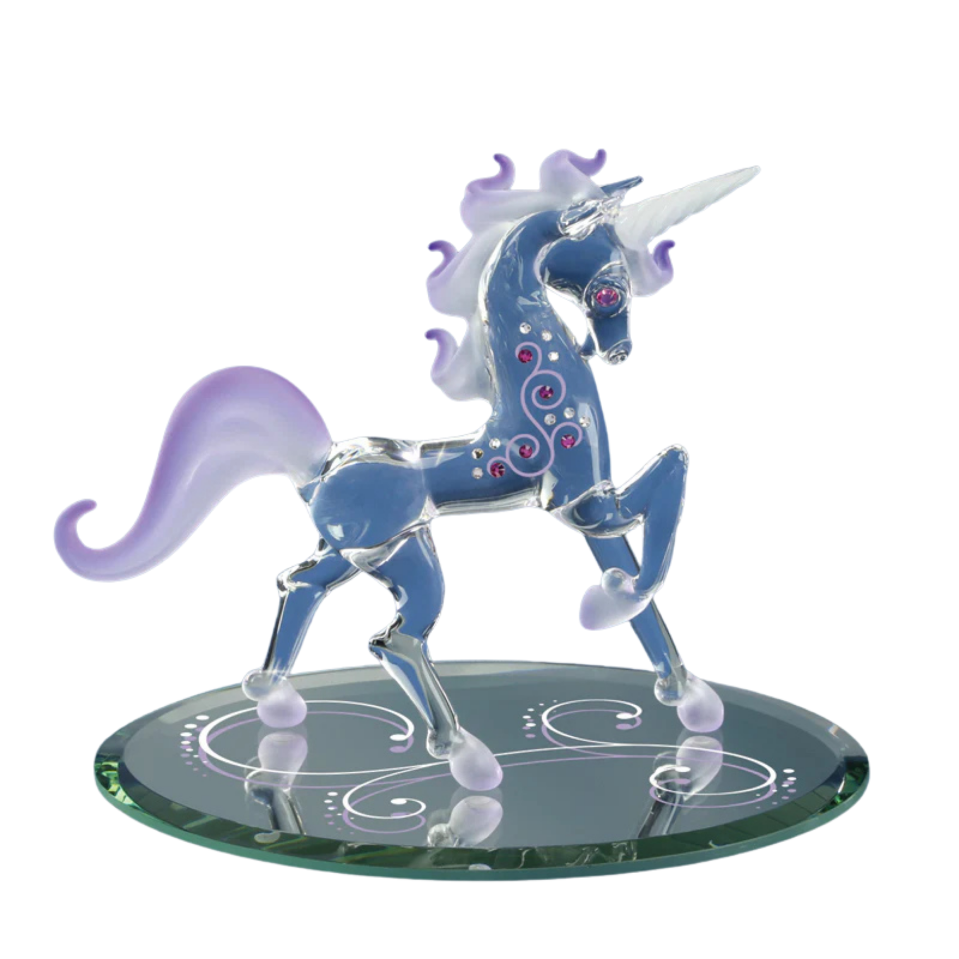 Handcrafted glass unicorn figurine with purple mane on blue mirror base