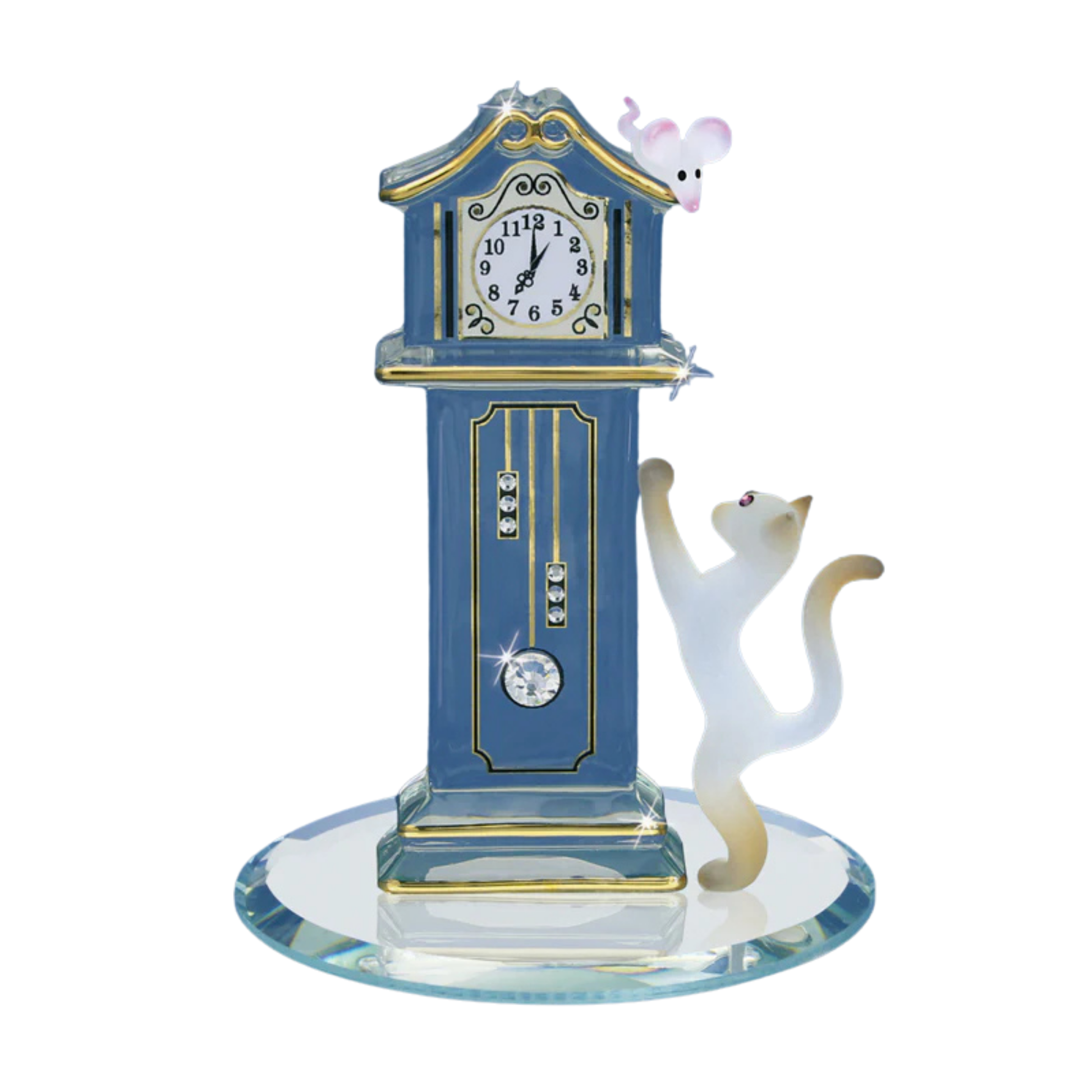 Glass Hickory Dickory Clock figurine with cat climbing clock and mouse on top on beveled mirror base