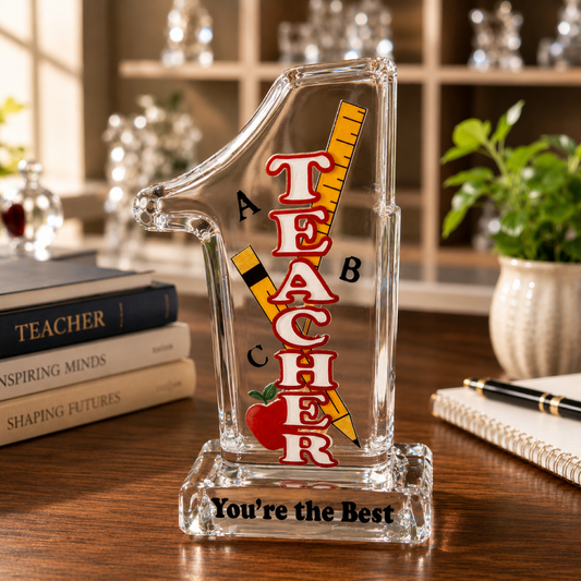 Handcrafted glass teacher pencil  with pencil, ruler, apple design and "You're the Best" message on the base