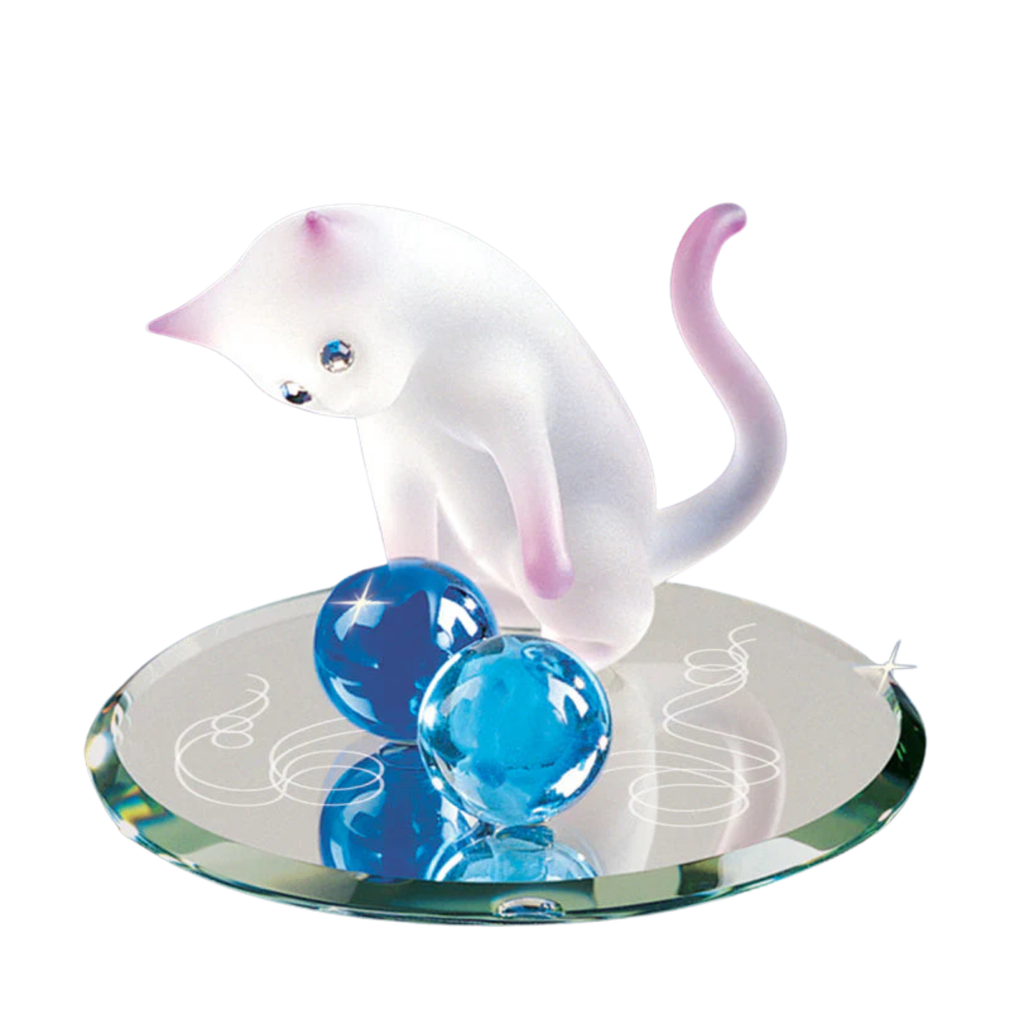 pink and white cat figurine playing with blue marbles on glass mirror base cute cat lover gift