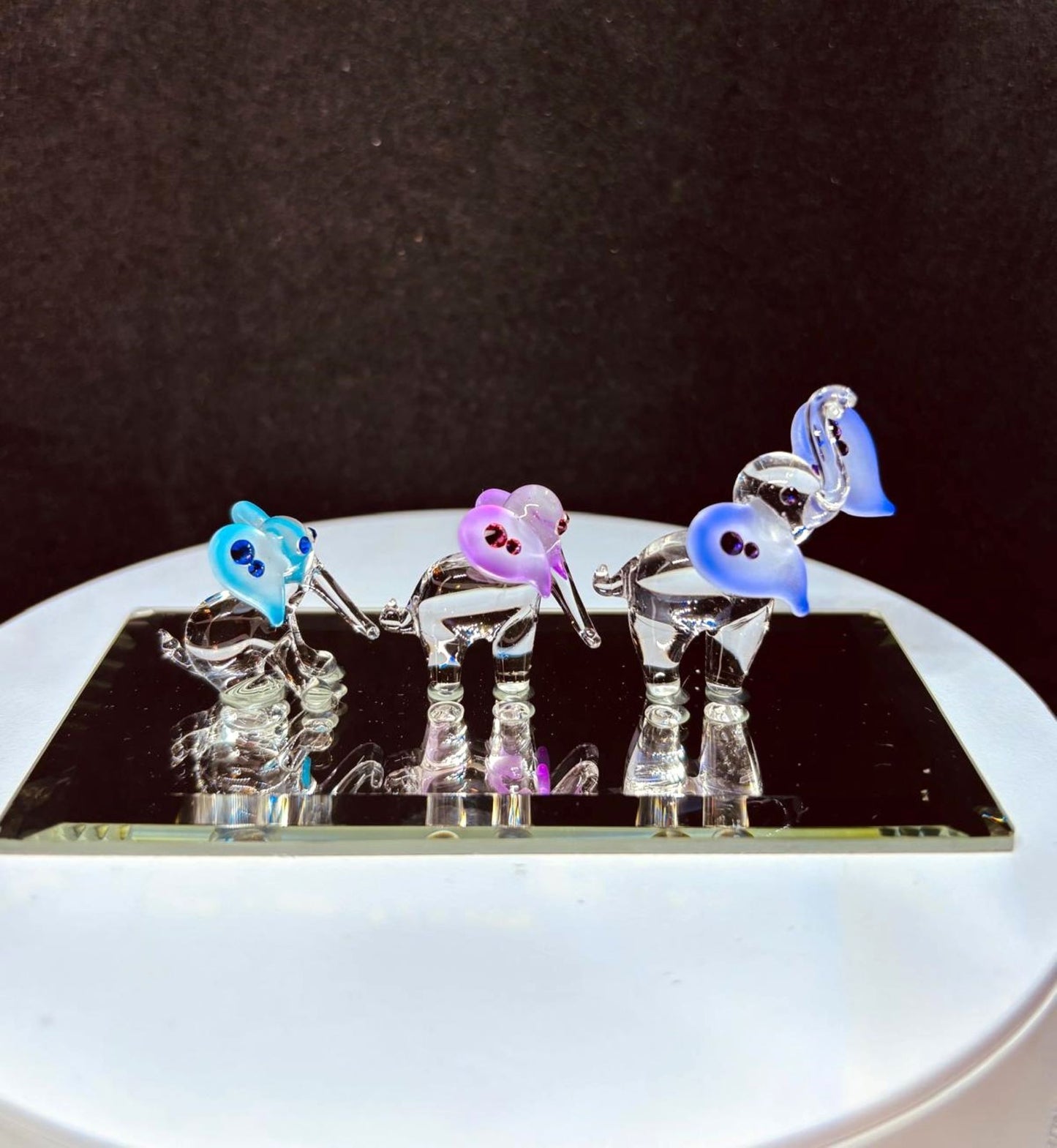 Elephant Train Figurine | Handcrafted Glass Elephants on Mirror Base