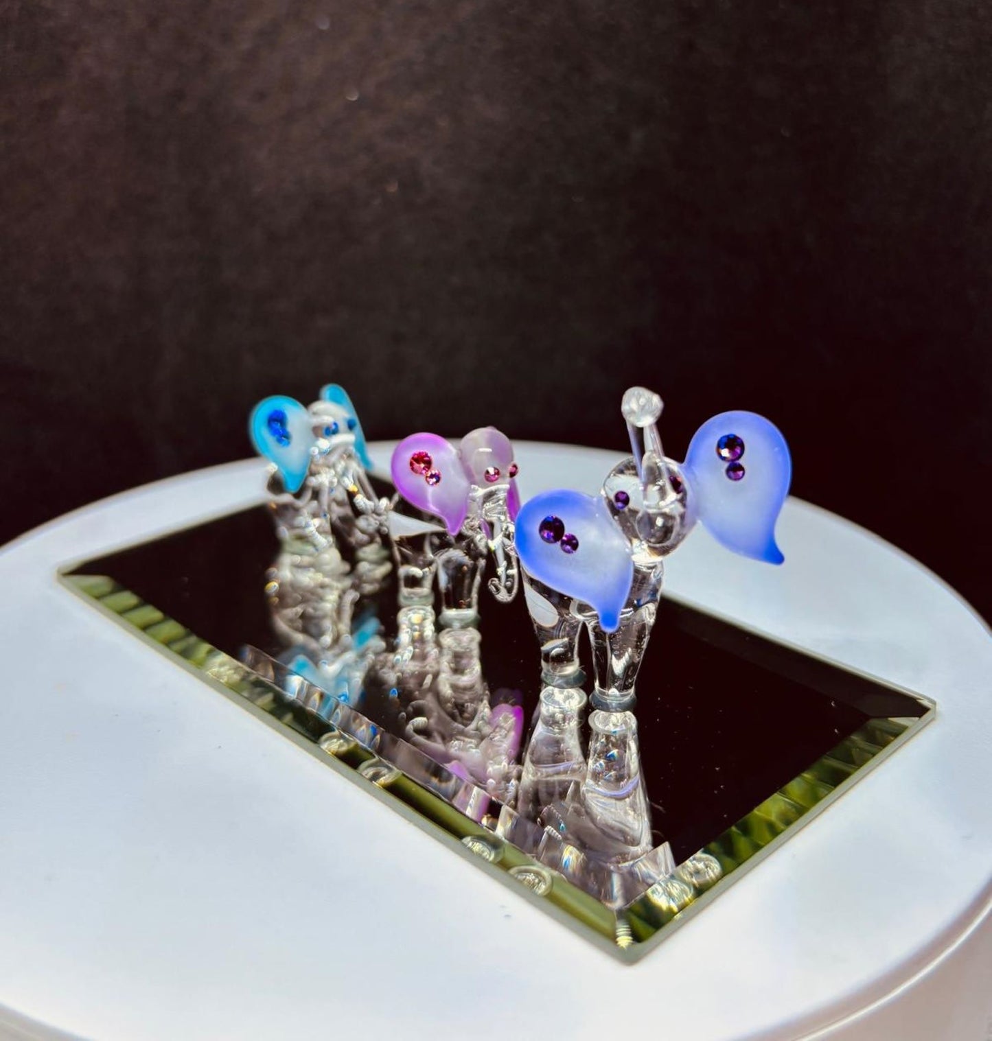 Elephant Train Figurine | Handcrafted Glass Elephants on Mirror Base