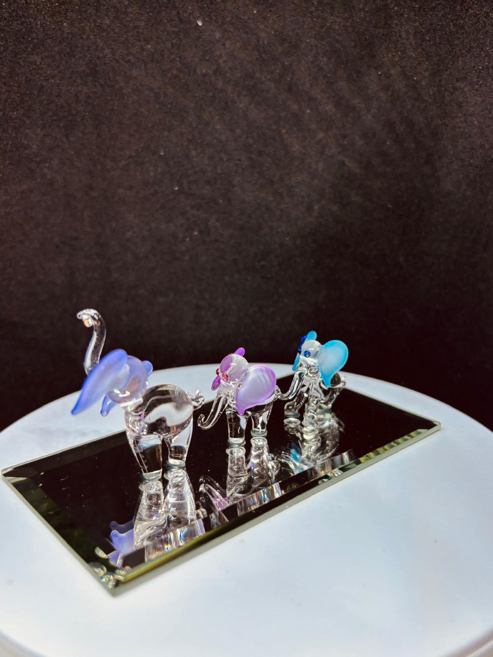 Elephant Train Figurine | Handcrafted Glass Elephants on Mirror Base