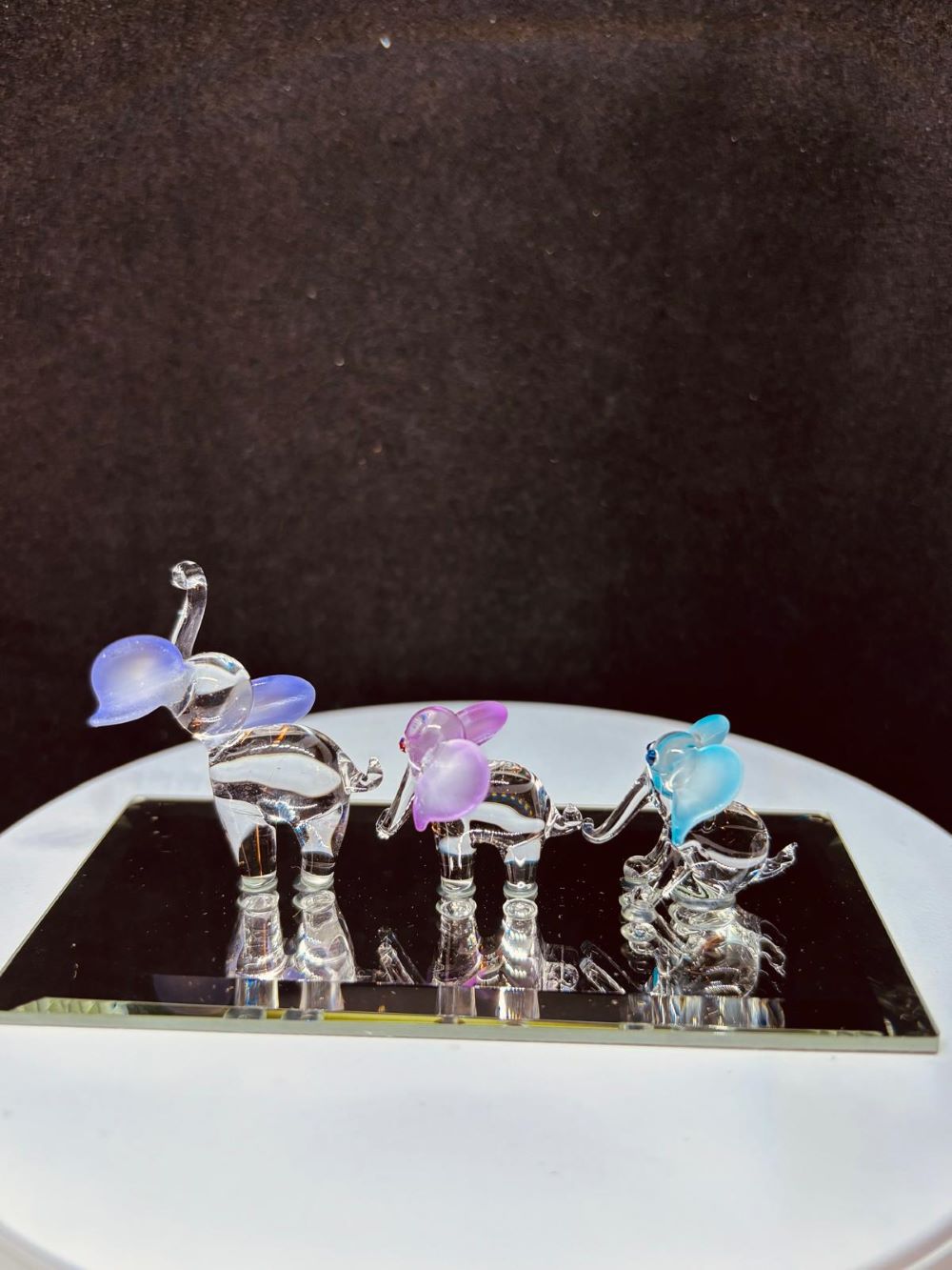 Elephant Train Figurine | Handcrafted Glass Elephants on Mirror Base