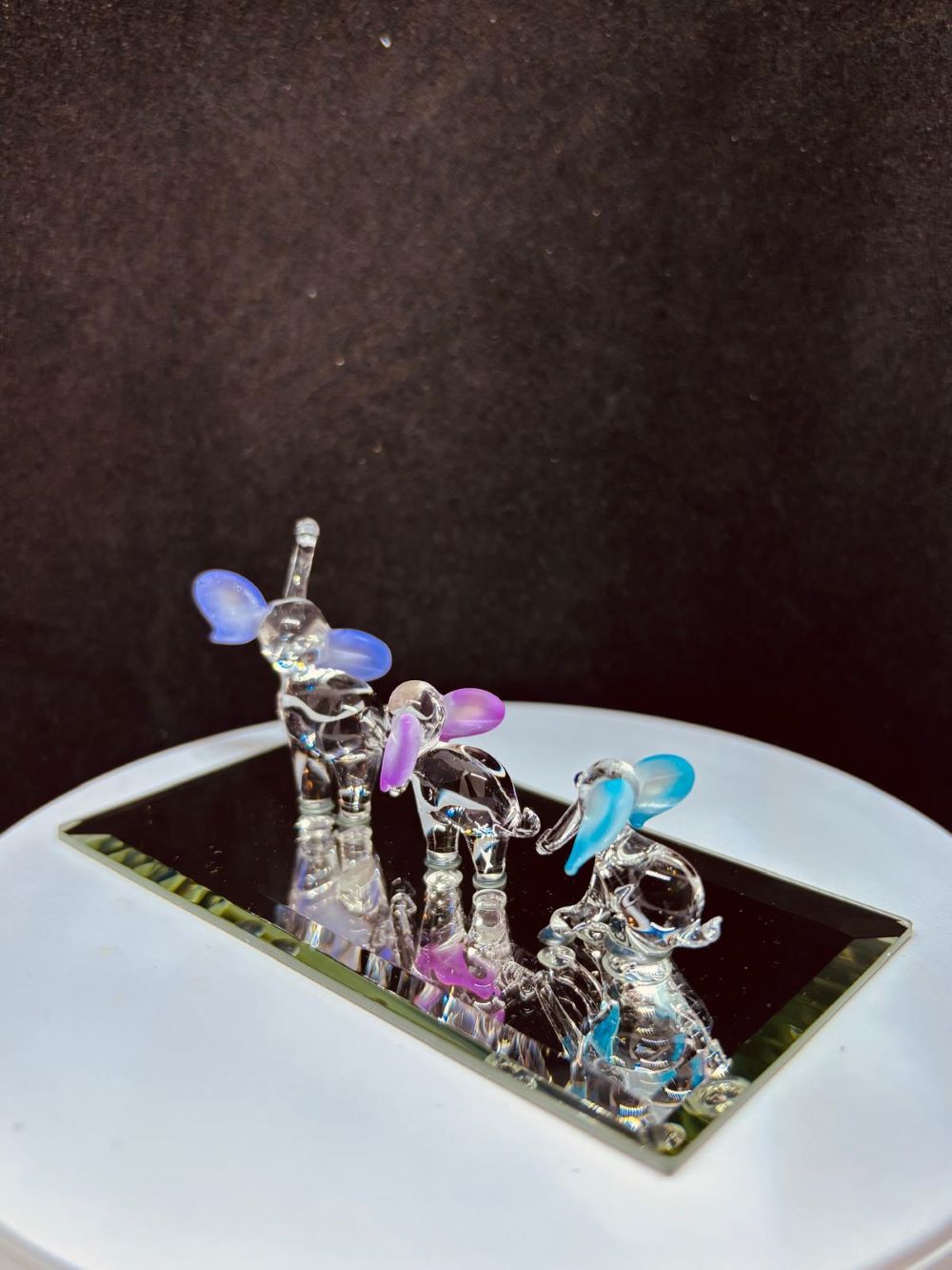 Elephant Train Figurine | Handcrafted Glass Elephants on Mirror Base