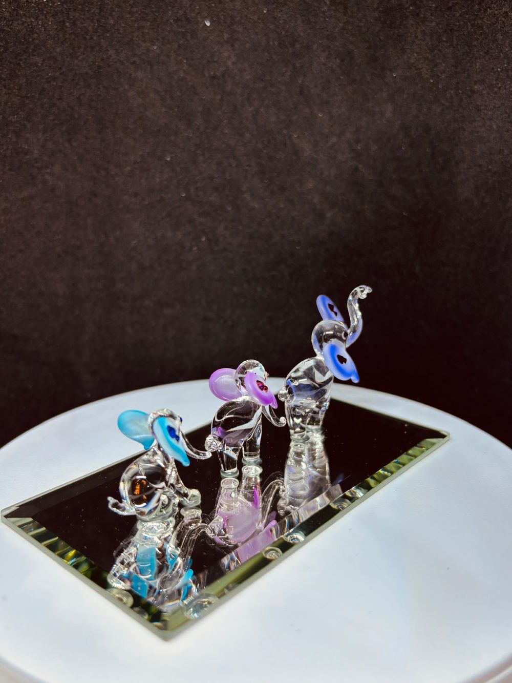 Elephant Train Figurine | Handcrafted Glass Elephants on Mirror Base