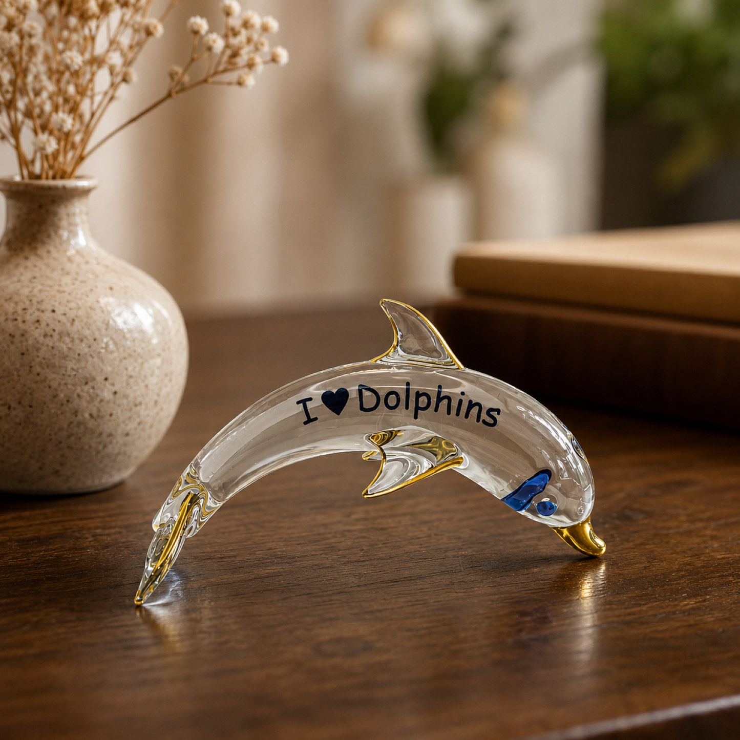 Handcrafted glass dolphin figurine with I Love Dolphins sentiment and gold-tone accents.