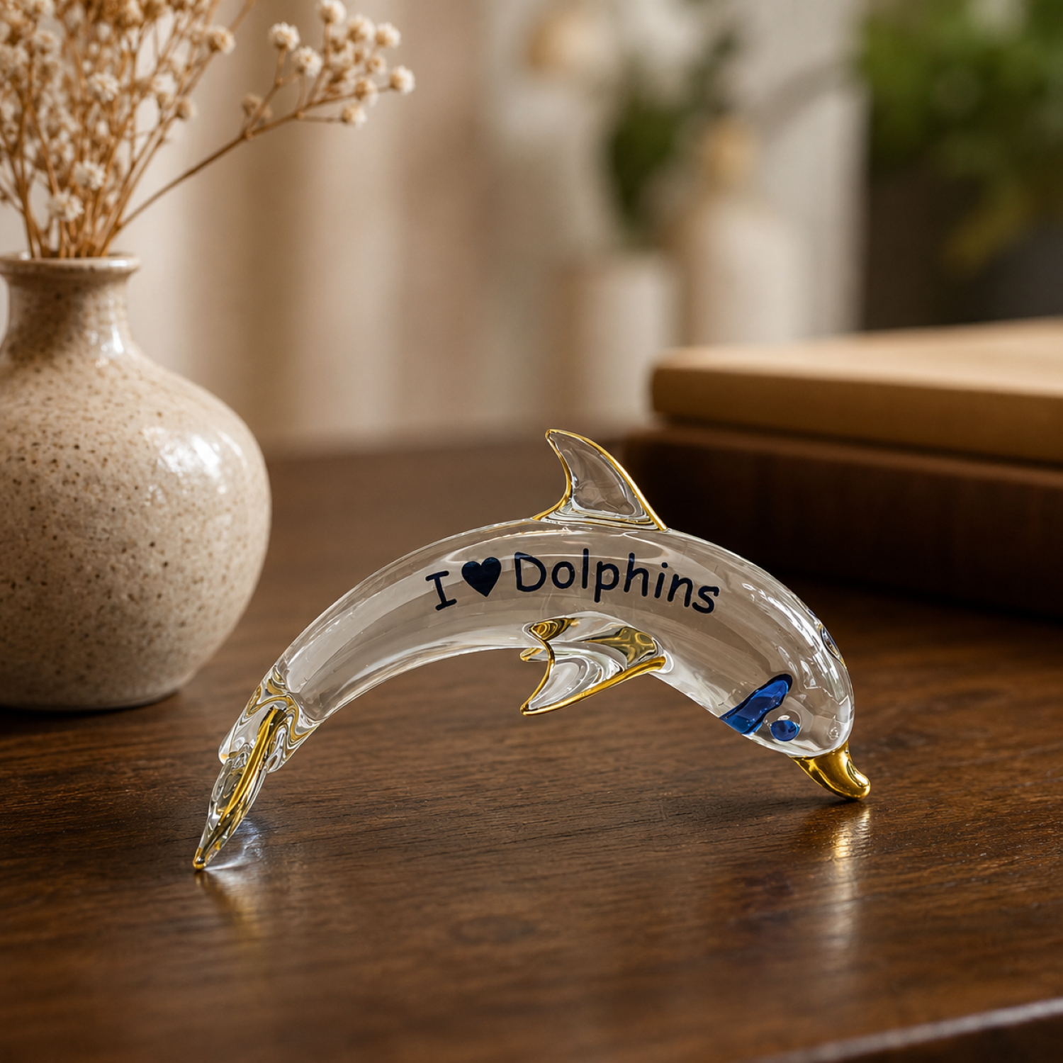 Handcrafted glass dolphin figurine with I Love Dolphins sentiment and gold-tone accents.