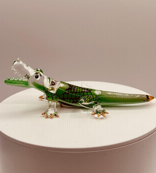Glass alligator figurine with crystal and gold accents
