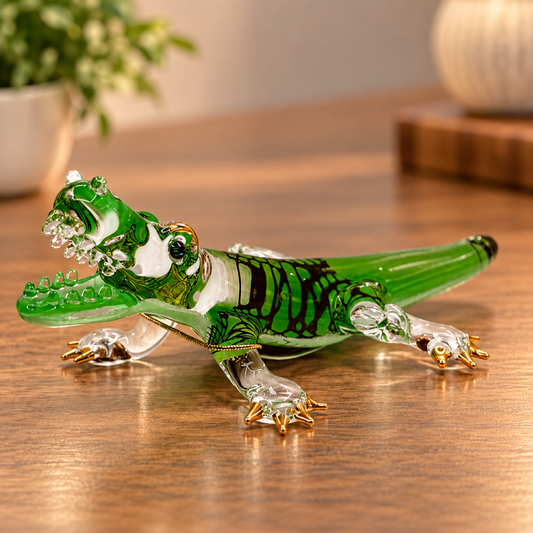 Handcrafted green and clear glass alligator figurine with Genuine Crystals and Real 22Kt Gold accents