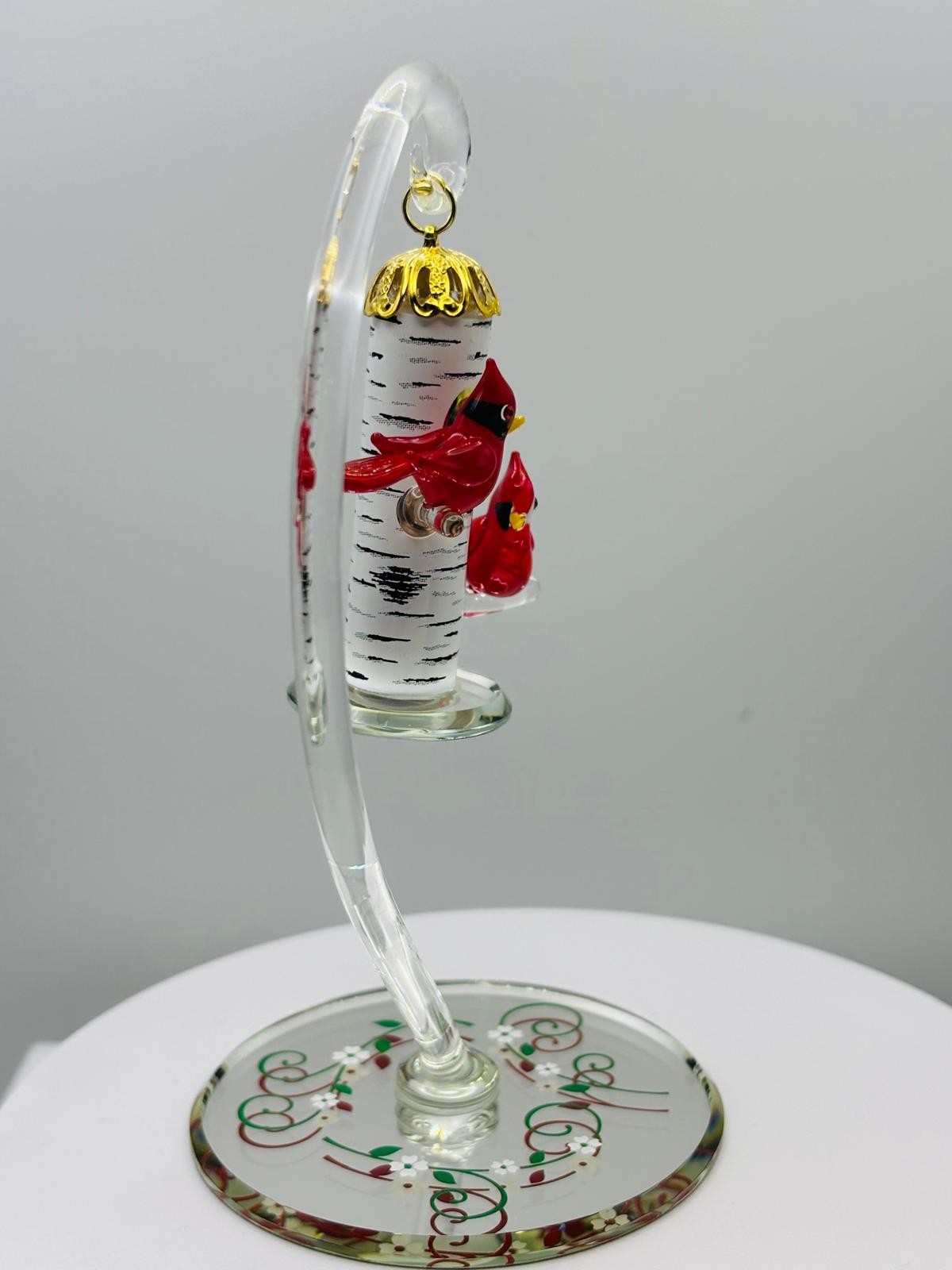 Cardinal Bird Feeder Glass Figurine Handcrafted Cardinal Decor