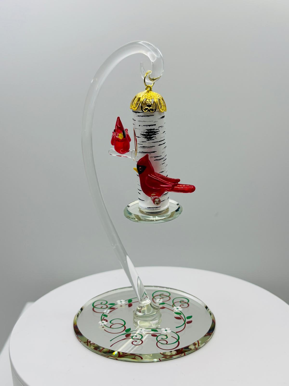 Cardinal Bird Feeder Glass Figurine Handcrafted Cardinal Decor