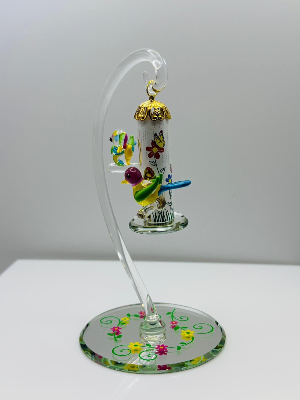 Bird Feeder Glass Figurine Hand Painted Birds on Hanging Feeder Decor