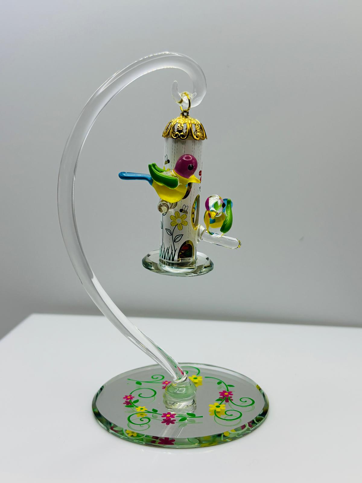 Bird Feeder Glass Figurine Hand Painted Birds on Hanging Feeder Decor