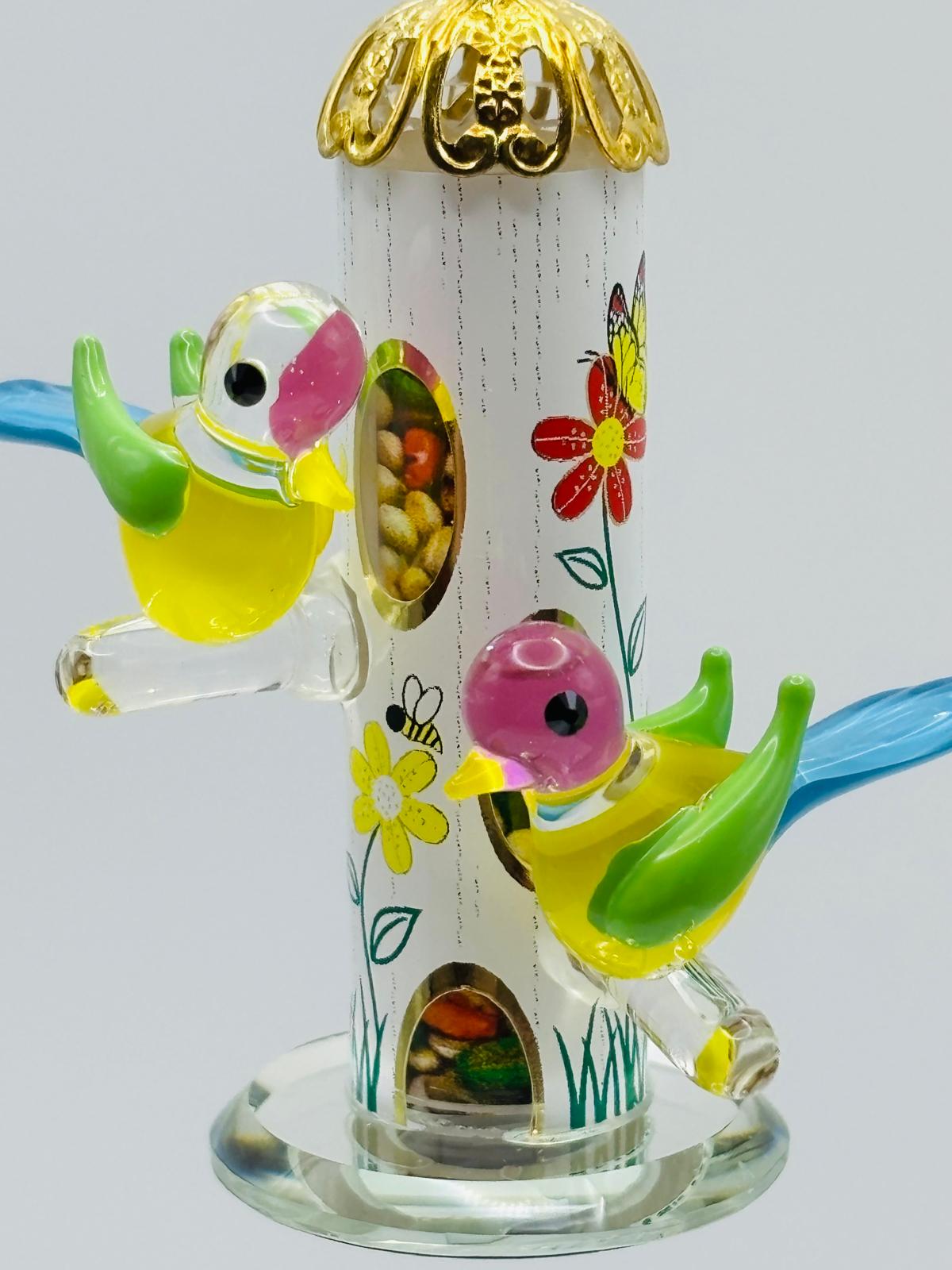 Bird Feeder Glass Figurine Hand Painted Birds on Hanging Feeder Decor