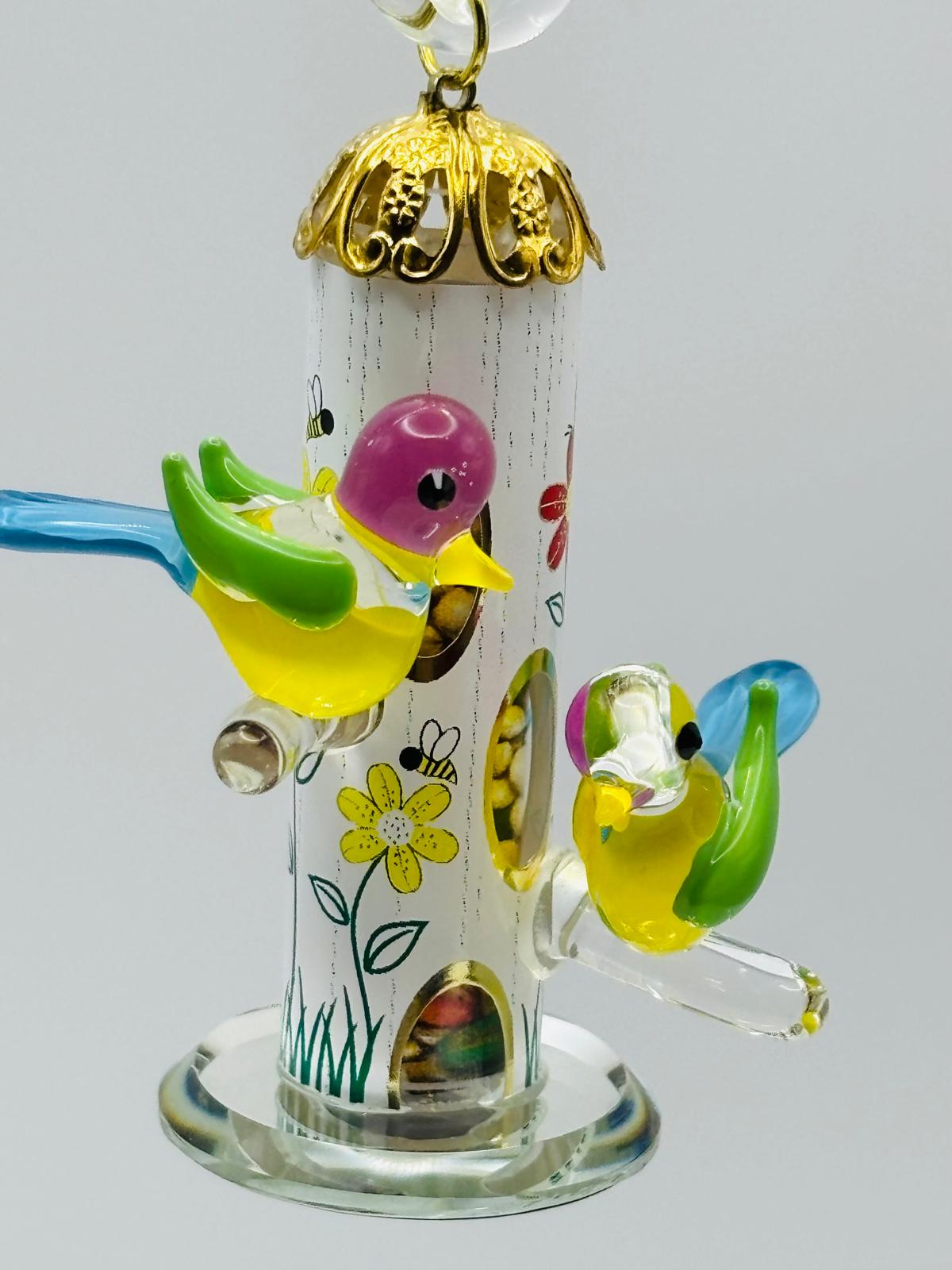 Bird Feeder Glass Figurine Hand Painted Birds on Hanging Feeder Decor